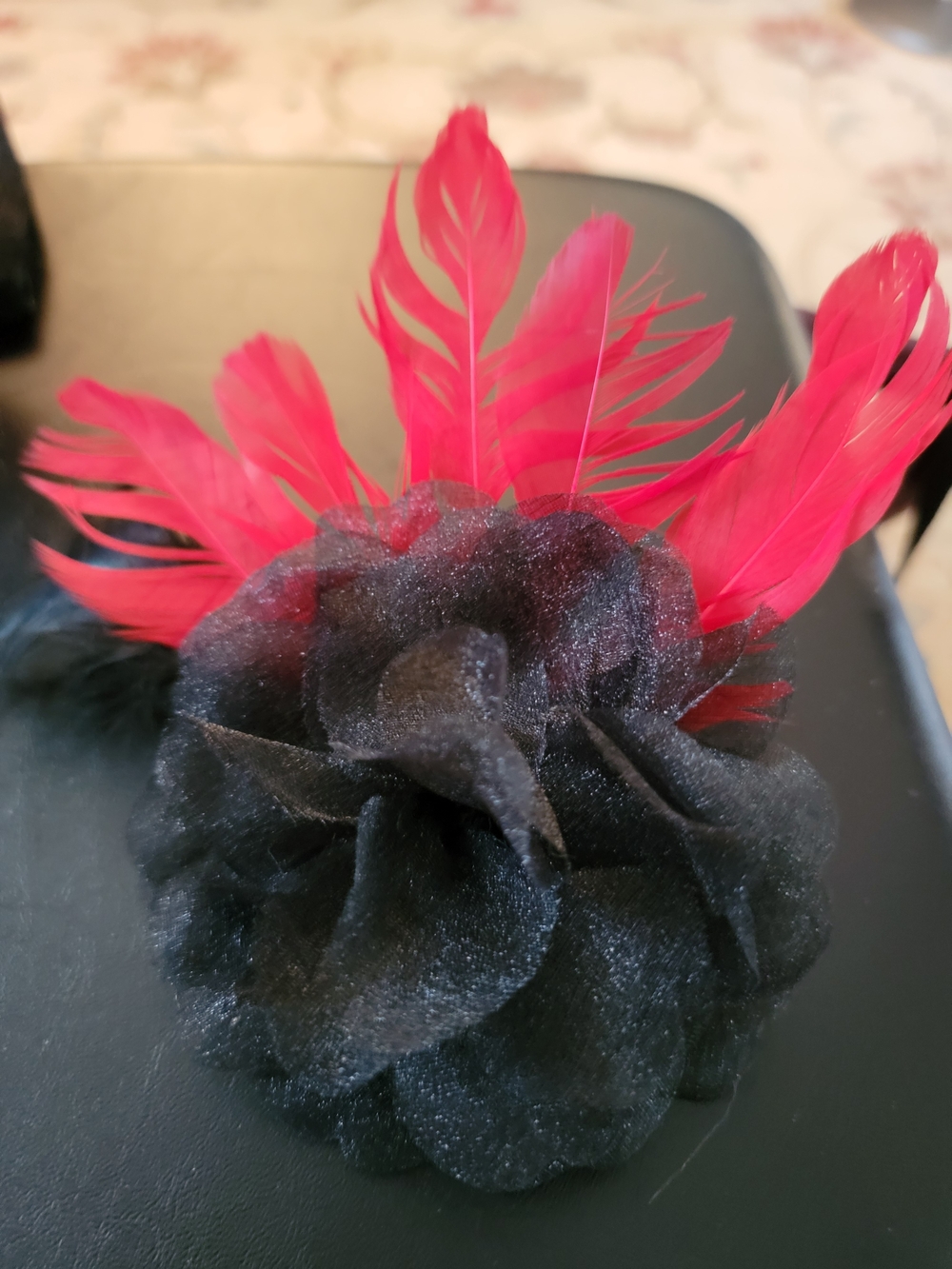 Black Floral Feather Flower Pin with Red Feathers
